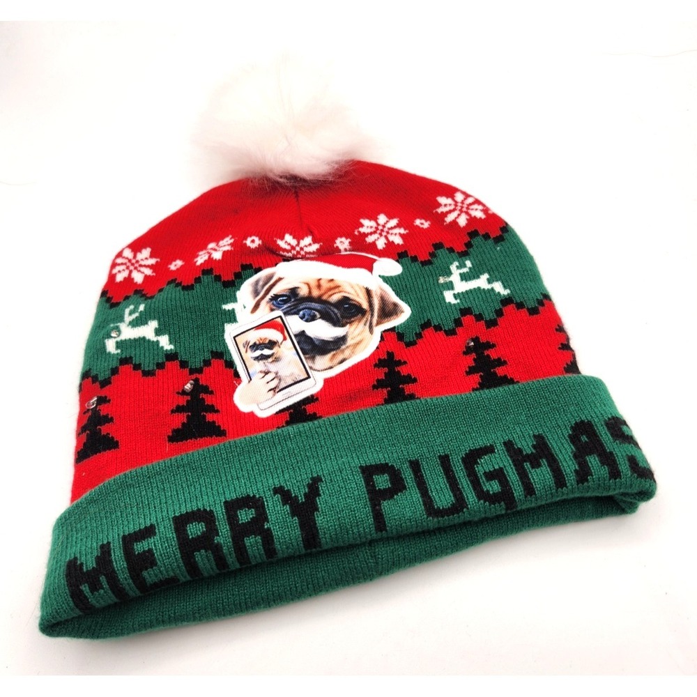 Merry Pugmas Holiday Time Women's Light Up Holiday Winter Hat Red Green Works!